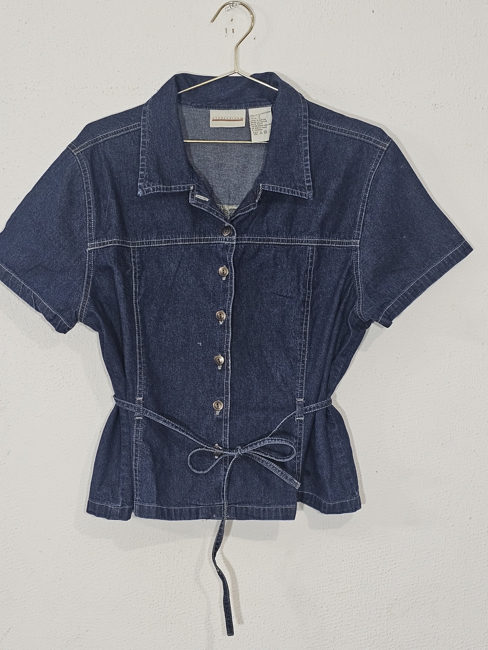 Denim Button-Front Short Sleeve Top with Tie Waist Dark Blue Womens Sz 18 Cotton